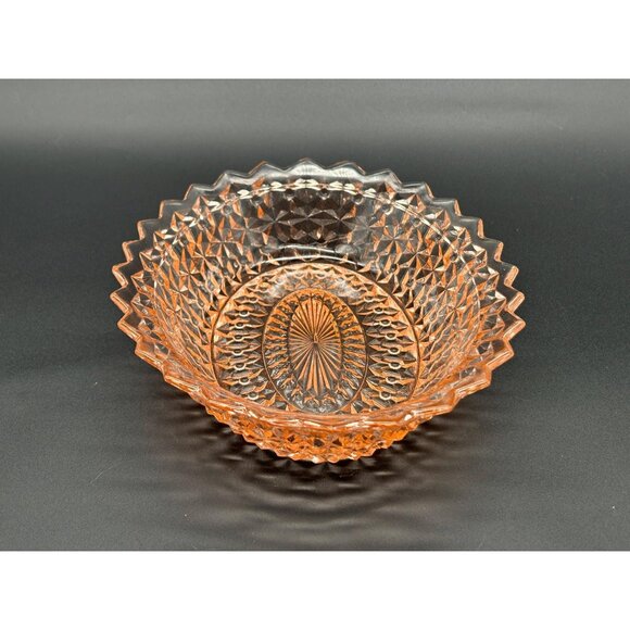 1930s Jeannette Glass Pink Holiday Buttons Bows Pink Depression Glass Oval Bowl - Picture 5 of 8